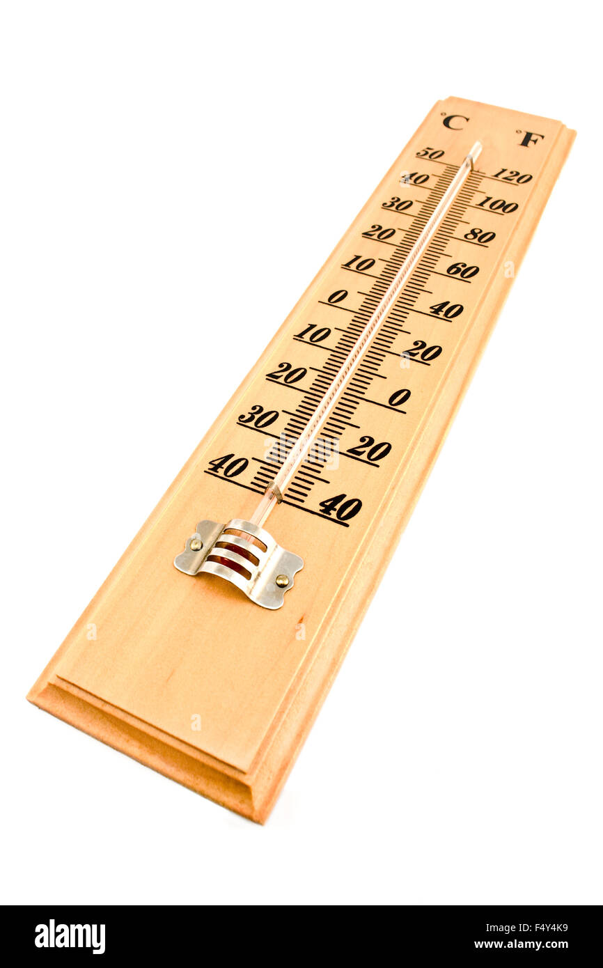 Legno fahrenheit celsius termometro isolato Foto Stock