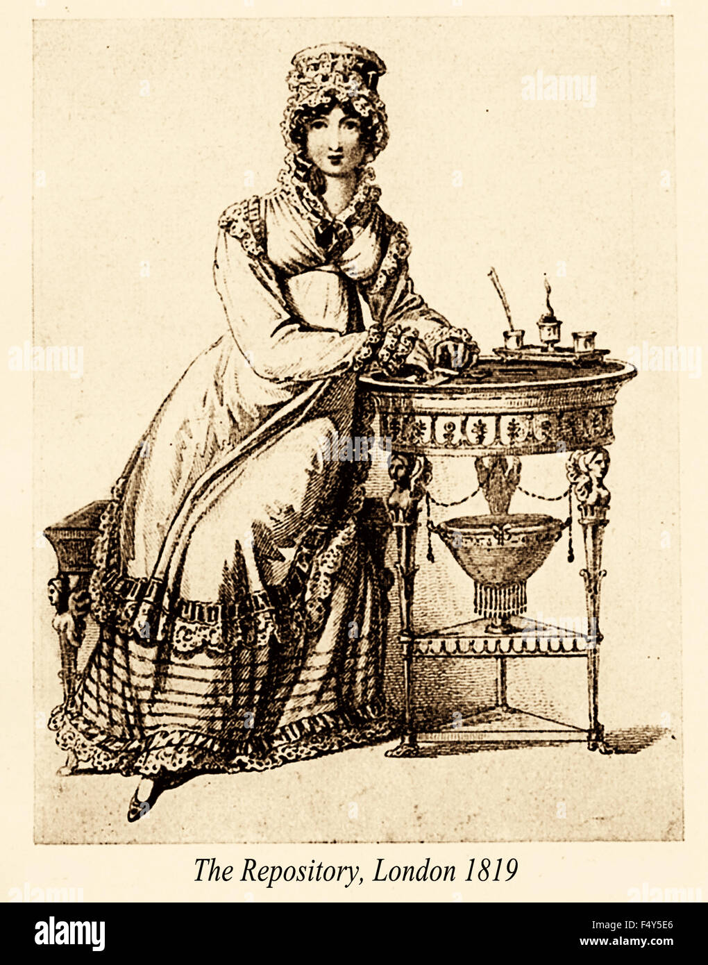 Disegno vintage, signora con seduta del cofano, Repository Londra 1819 Foto Stock