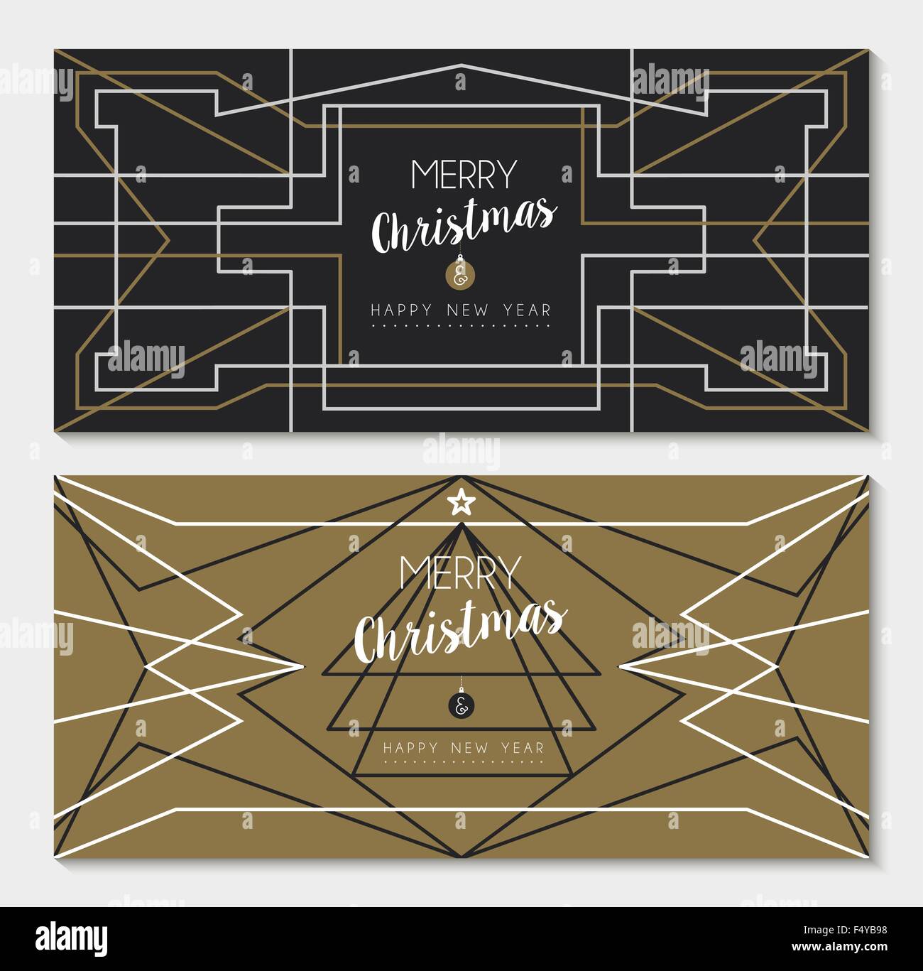 Auguri di Buon Natale felice anno nuovo messaggio di saluto festivo carta di serie: geometria astratta design e pino in art déco stile contorno. Illustrazione Vettoriale