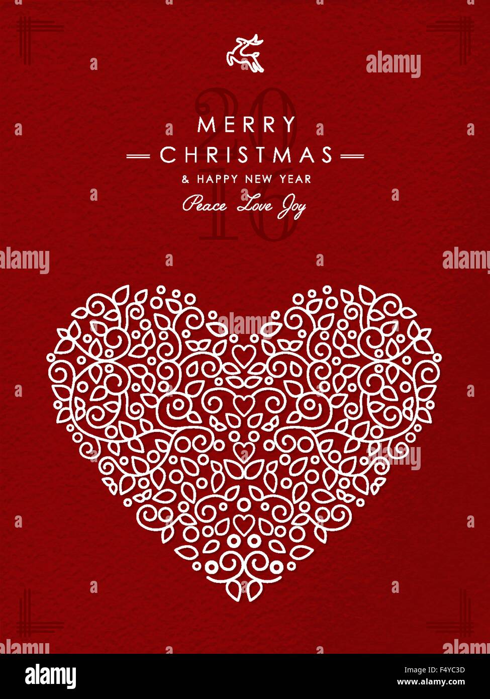 Buon Natale e felice anno nuovo art deco forma di cuore realizzati in monogramma outline stile con semplici ornamenti natalizi. Illustrazione Vettoriale