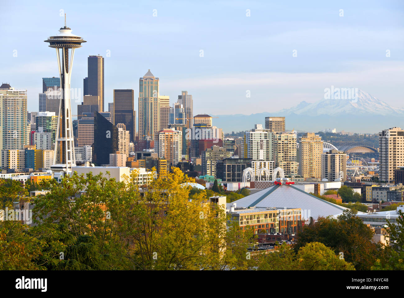 Lo skyline di Seattle Downtown edifici. Foto Stock