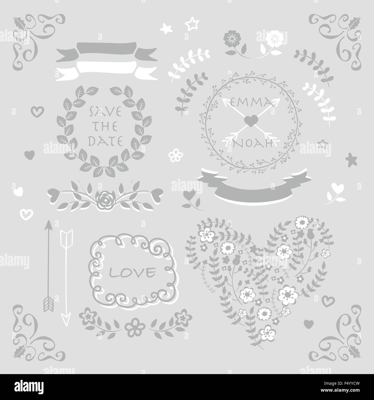 Argento e grigio nozze vettore elemento di design il set di simboli Illustrazione Vettoriale