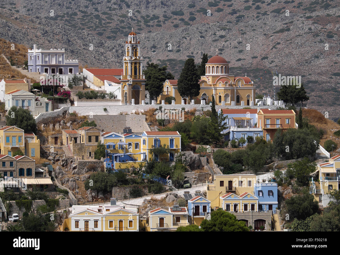 Città di Sými, isola di Sými, RODI, DODECANNESO, Grecia Foto Stock