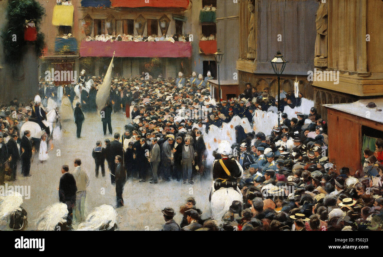 Ramon Casas y Carbo - La processione del Corpus Domini di lasciare la chiesa di Santa Maria Foto Stock