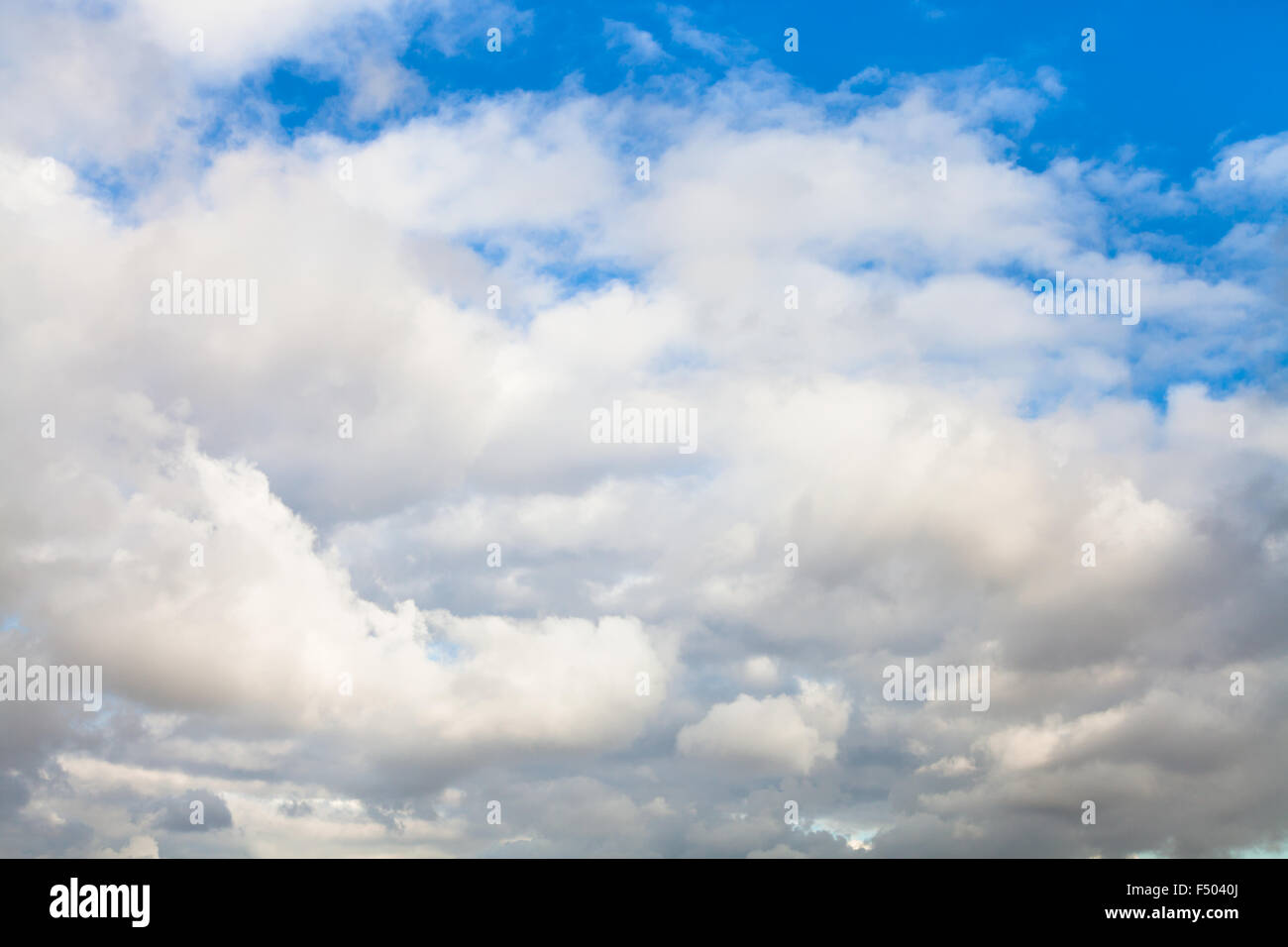 Sfondo naturale - basso denso grigio e bianco autunno nuvole nel cielo blu Foto Stock