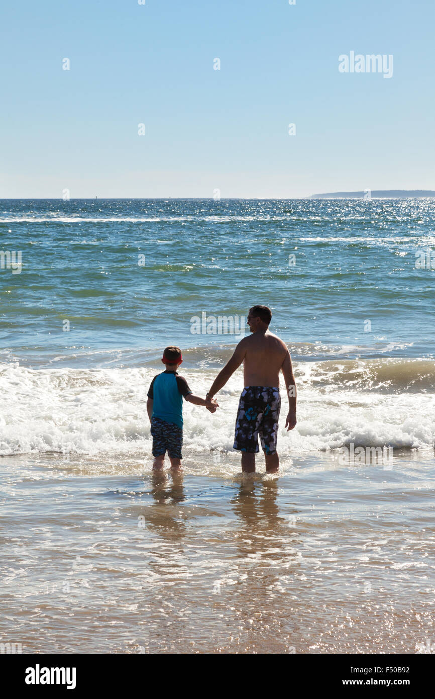 Un padre tiene il suo figlio la mano e guardare fuori per vedere, vista posteriore del concetto di paternità, STATI UNITI D'AMERICA Foto Stock