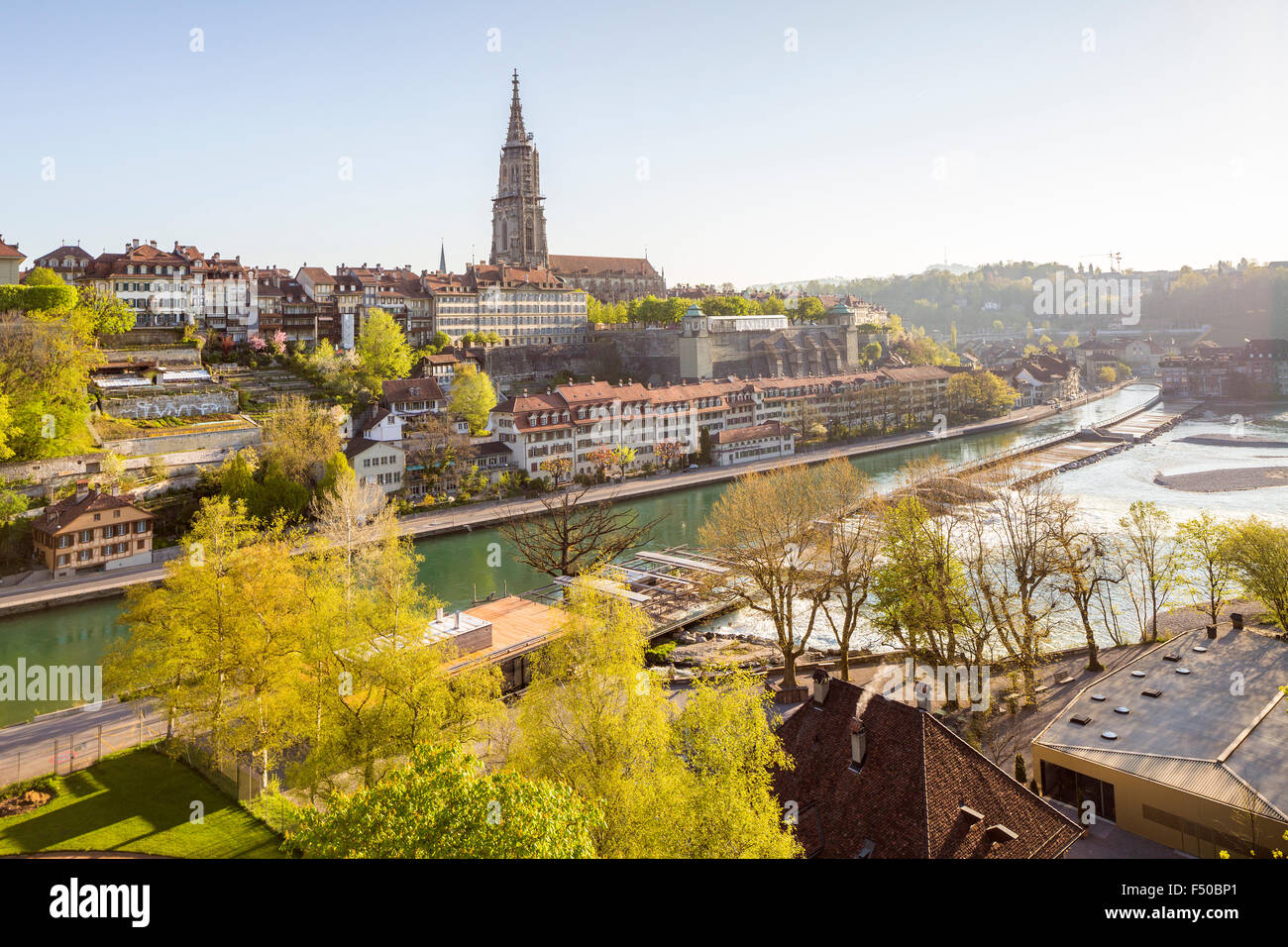 Il fiume Aare con il Munster Cattedrale di Berna in background, Canton Berna, Svizzera. Foto Stock