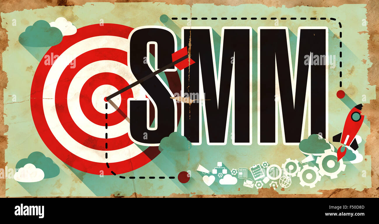 SMM concetto. Grunge Poster in design piatto. Foto Stock
