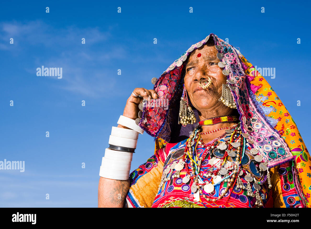Un ritratto di una donna appartenente alla tribù locale di lambani indossando i tradizionali abiti colorati Foto Stock Un ritratto di una donna appartenente alla tribù locale di lambani indossando i tradizionali abiti colorati Foto Stock