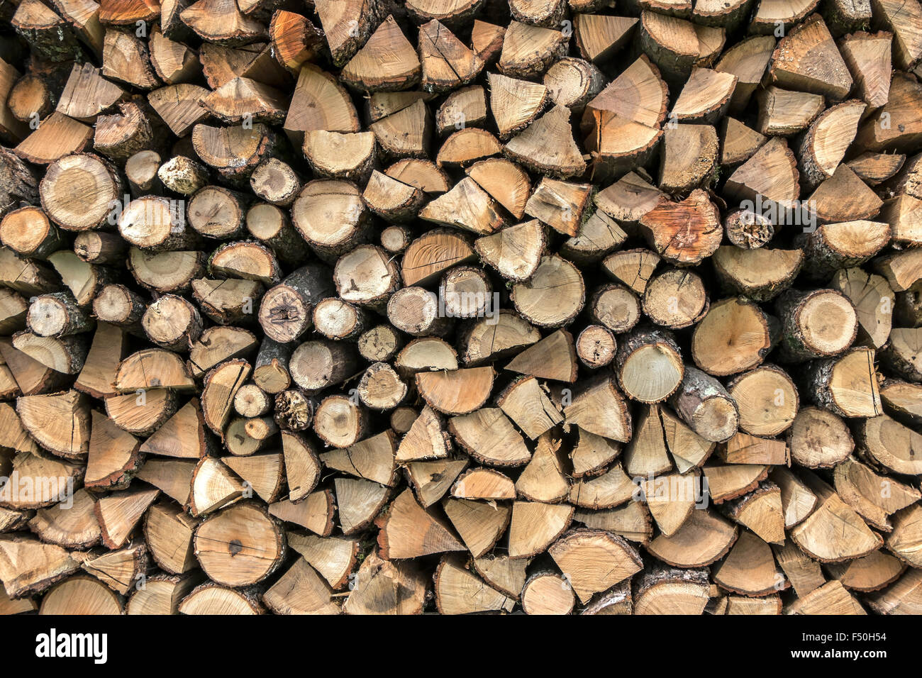 Sfondo di secco di legna da ardere spaccati log in una pila, close up Foto Stock