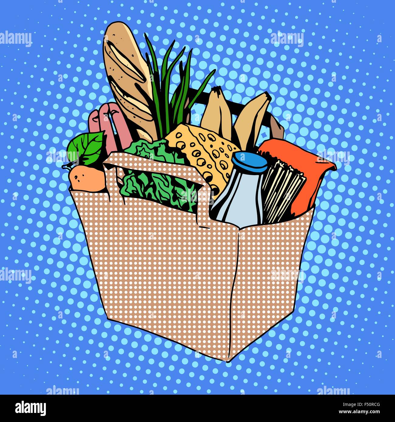 Negozio di generi alimentari borsa piena di cibo formaggio latte pane alle erbe frutta salsiccia m Illustrazione Vettoriale