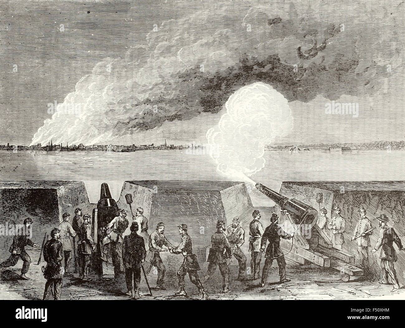 Assedio di Charleston, Carolina del Sud - La città votata sparato da Gillmore esplosivo dei gusci da Fort Putnam, Gennaio 3rd, 1864. USA LA GUERRA CIVILE Foto Stock