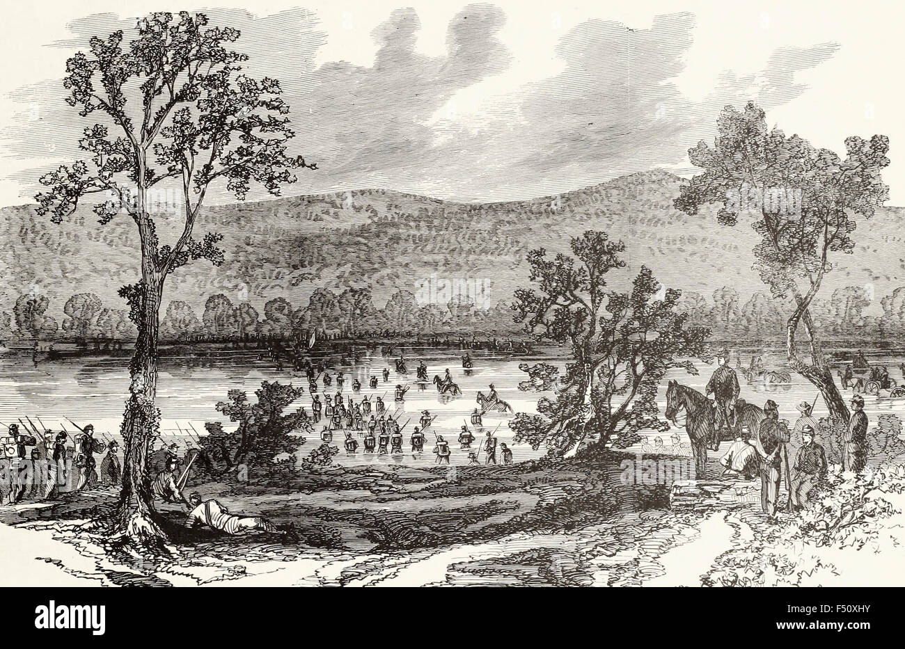 La guerra in Georgia - XVII Esercito guadato il Chattahoochee a Boswell il traghetto, Luglio 19th, 1864. USA LA GUERRA CIVILE Foto Stock