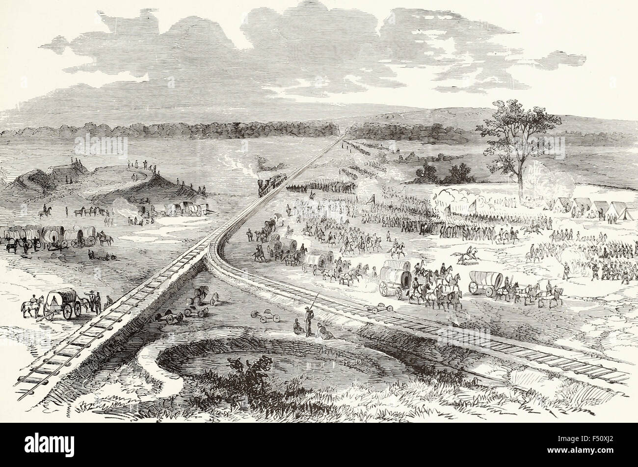 La guerra in Virginia - Hooker generale dell'esercito di marche passato, Manassas, Virginia - Giugno 1863. USA LA GUERRA CIVILE Foto Stock