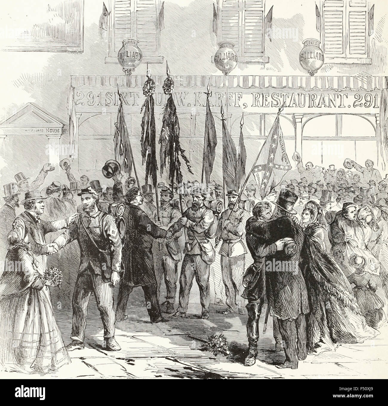 Il soldato di riposo - Gli amici del settimo e ottavo reggimenti , New York volontari, accogliendo il ritorno dei loro eroi di New York, Aprile 28th, 1863. USA LA GUERRA CIVILE Foto Stock