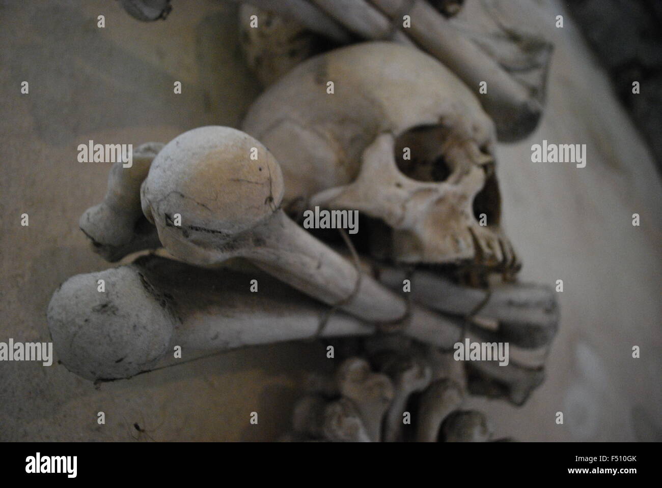 Vecchie ossa e di teschi nella volta gotica di Kutna Hora. Ossario. Foto Stock