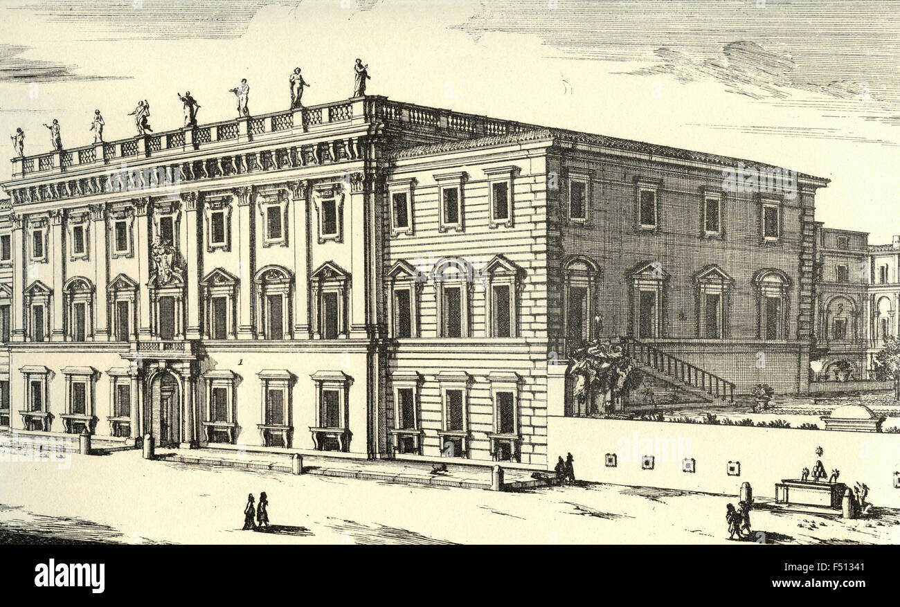 Illustrazione del palazzo in Piazza de' Santi Apostoli restaurata e ornata dal cardinale Flavio Chigi, Roma, Italia Foto Stock
