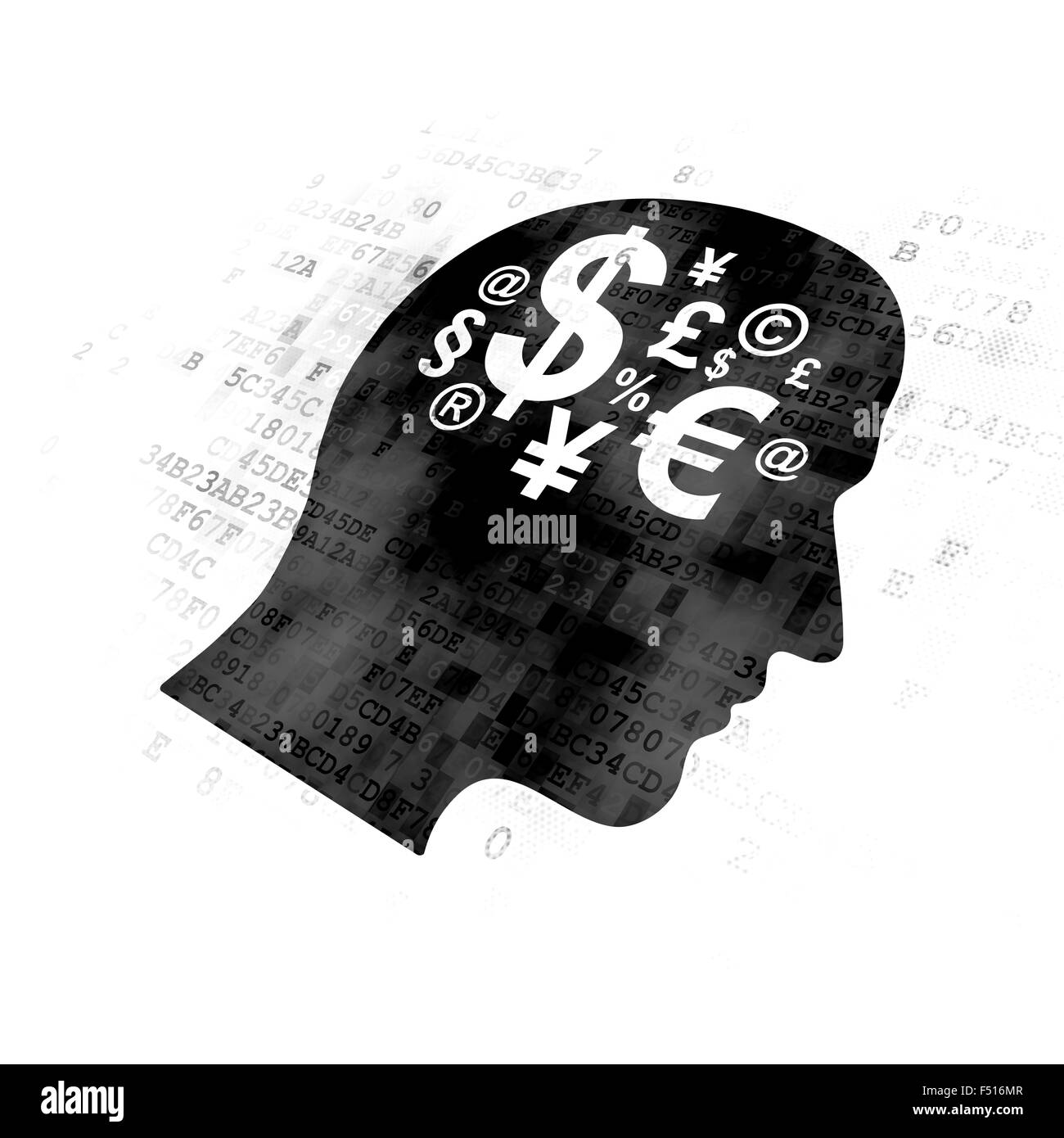 Il concetto di pubblicità: testa con il simbolo delle finanze su sfondo digitale Foto Stock