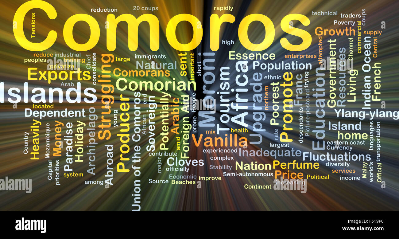 Concetto di sfondo wordcloud illustrazione delle Comore luce incandescente Foto Stock