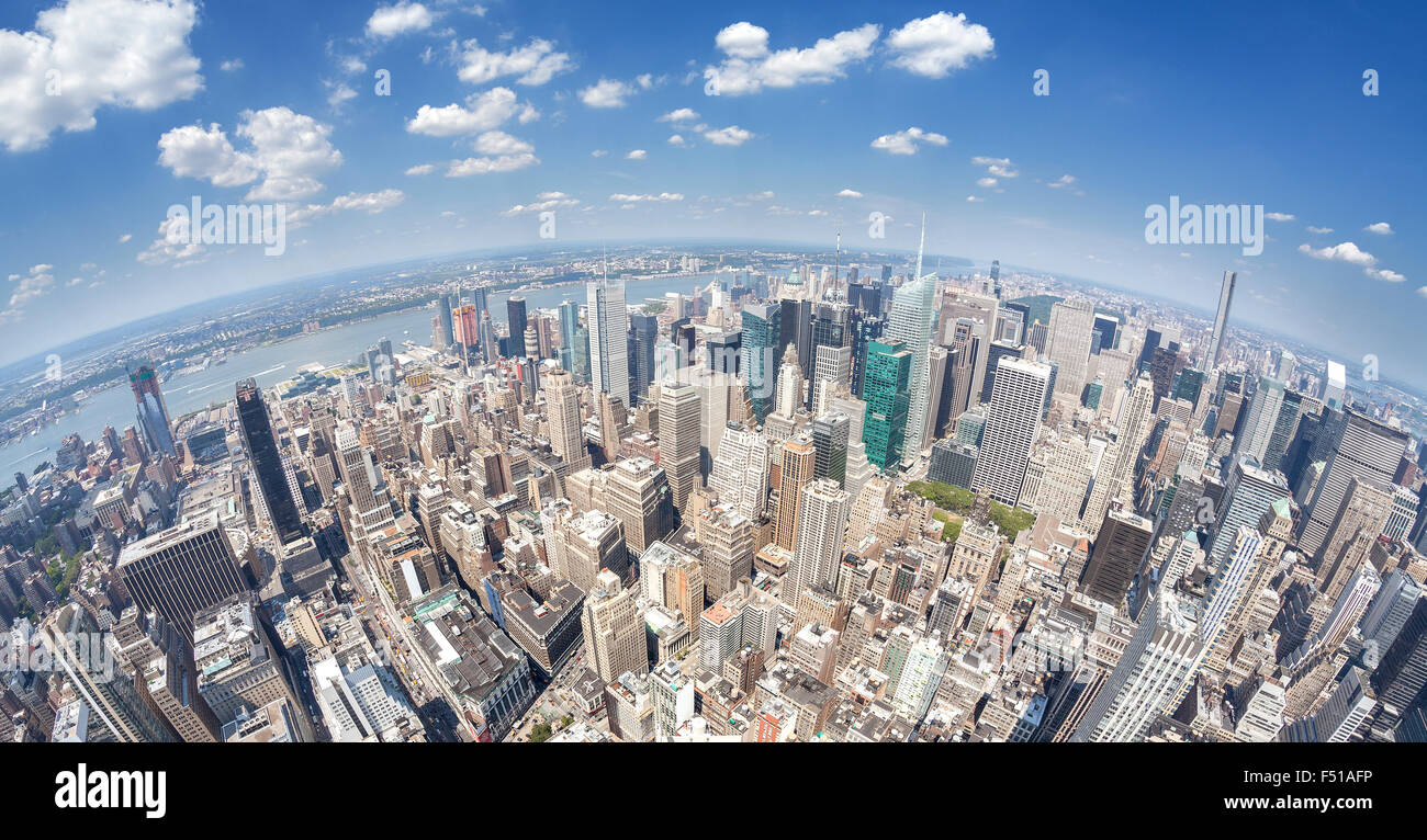Obiettivo Fisheye vista aerea di Manhattan, New York, Stati Uniti d'America. Foto Stock
