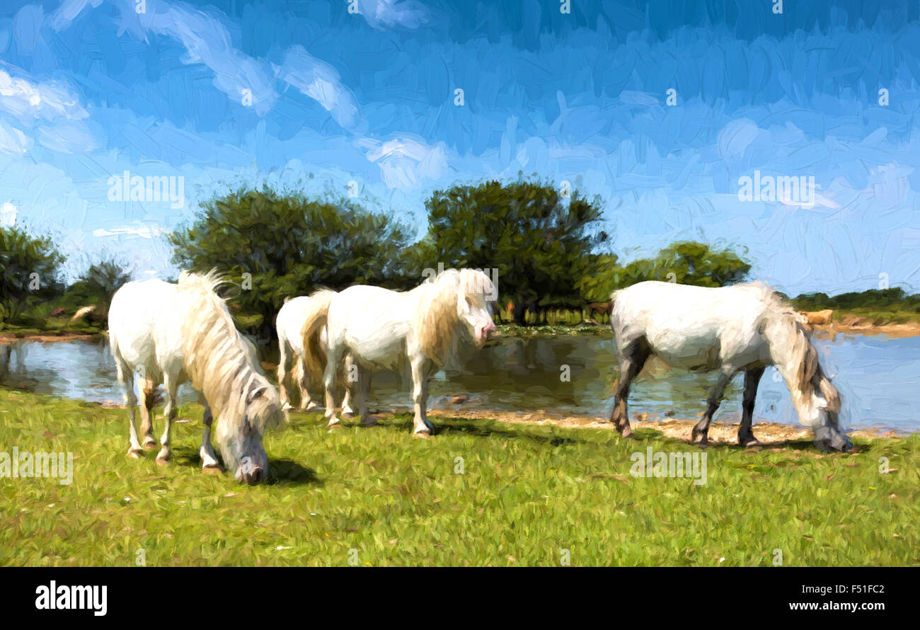 Pony bianco dal lago su una bella e soleggiata giornata estiva la pittura ad olio illustrazione Foto Stock