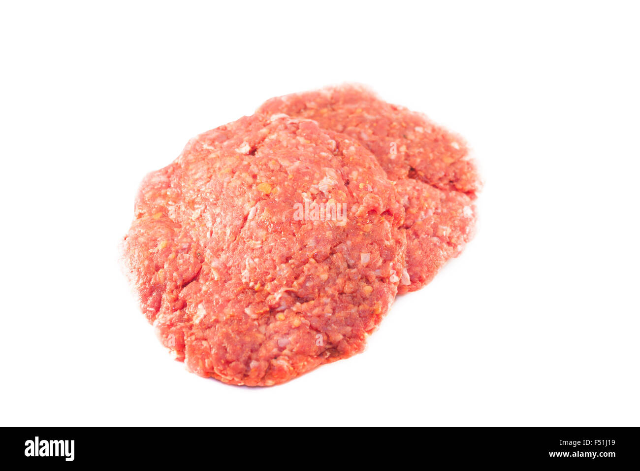 Materie hamburger di carne macinata di manzo, isolati su sfondo bianco Foto Stock