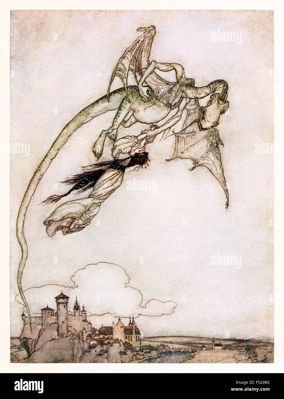 "Il Re della figlia unica erano stati portati via da un drago.' da 'i quattro fratelli intelligente" in "Le Fiabe dei Fratelli Grimm', illustrazione di Arthur Rackham (1867-1939). Vedere la descrizione per maggiori informazioni. Foto Stock