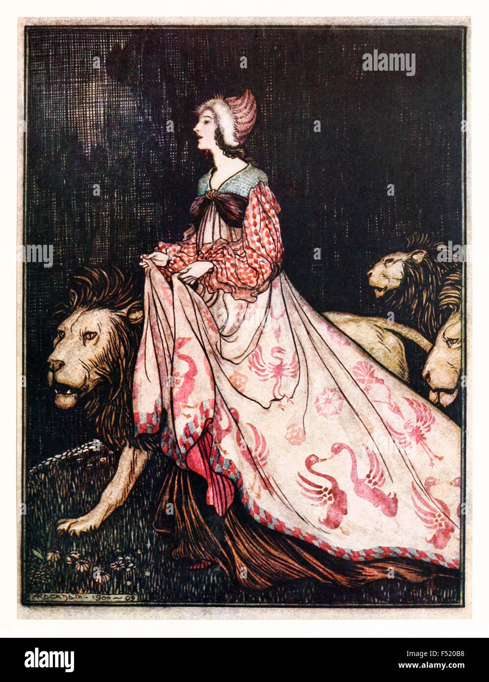 "Egli è andato via accompagnato dai Lions', da 'la Signora e il leone' in 'Le Fiabe dei Fratelli Grimm', illustrazione di Arthur Rackham (1867-1939). Vedere la descrizione per maggiori informazioni. Foto Stock