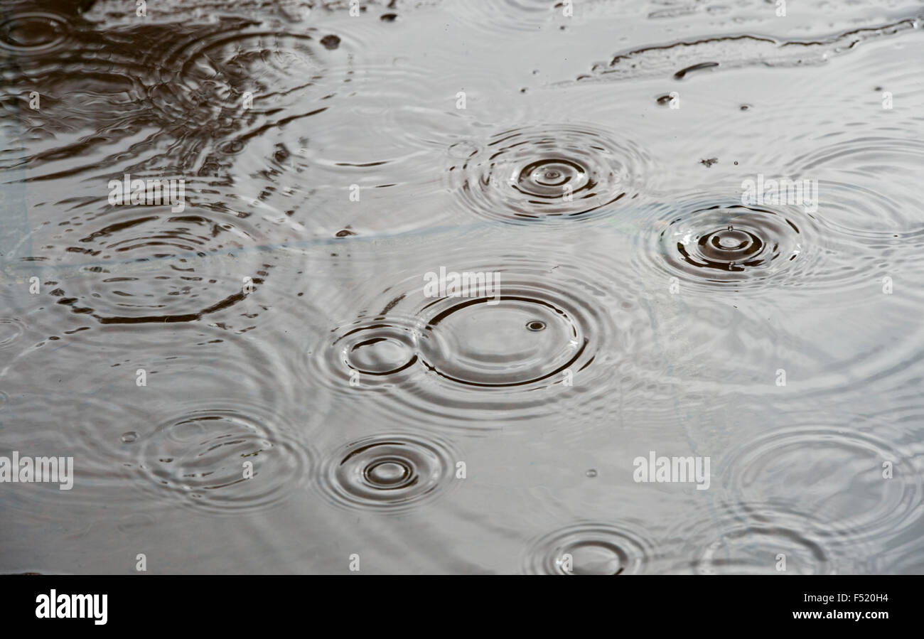 Gocce di pioggia in una pozza su un percorso da giardino Foto Stock