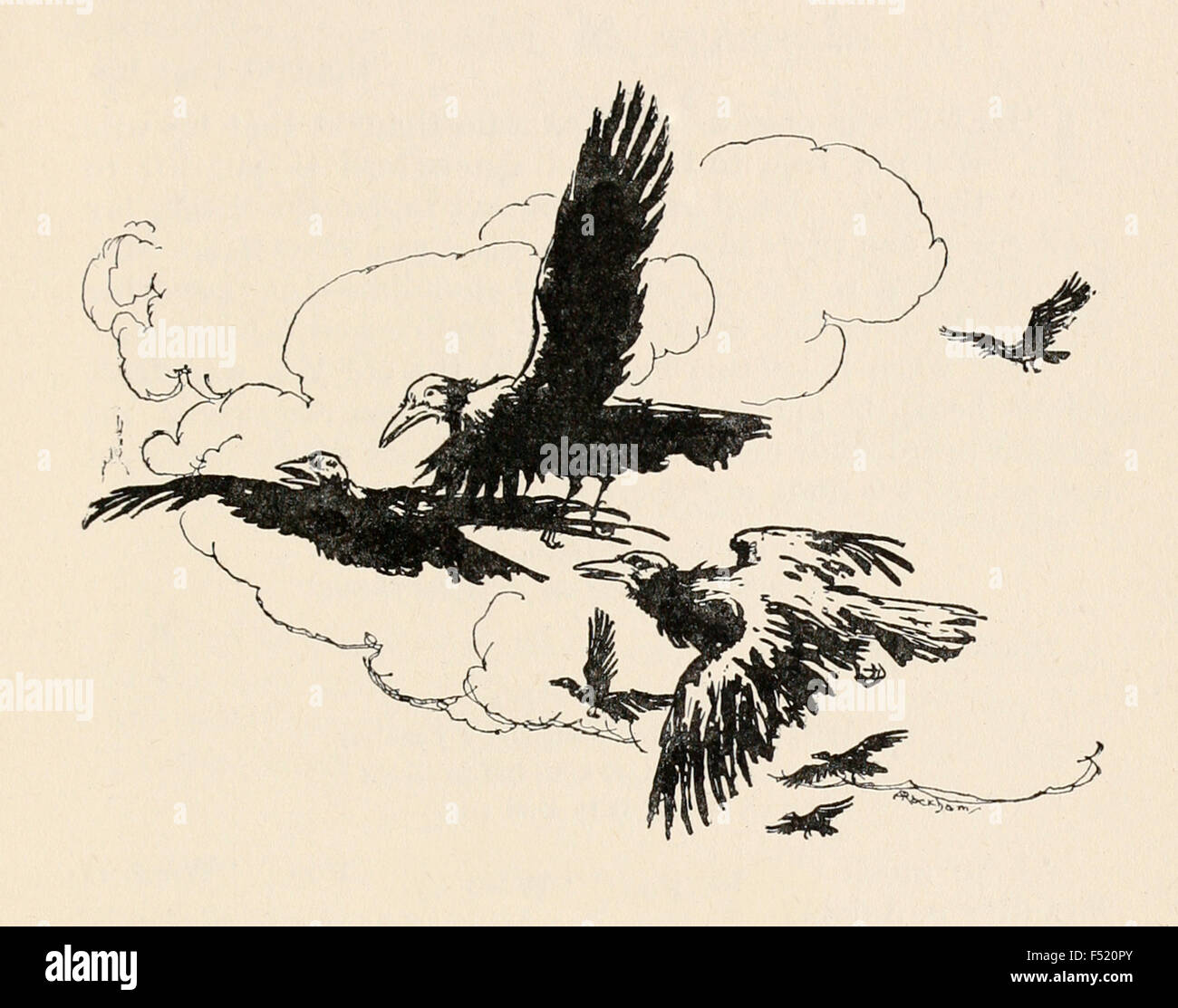 'I Corvi tornando a casa." dalle "i sette corvi" in "Le Fiabe dei Fratelli Grimm', illustrazione di Arthur Rackham (1867-1939). Vedere la descrizione per maggiori informazioni. Foto Stock