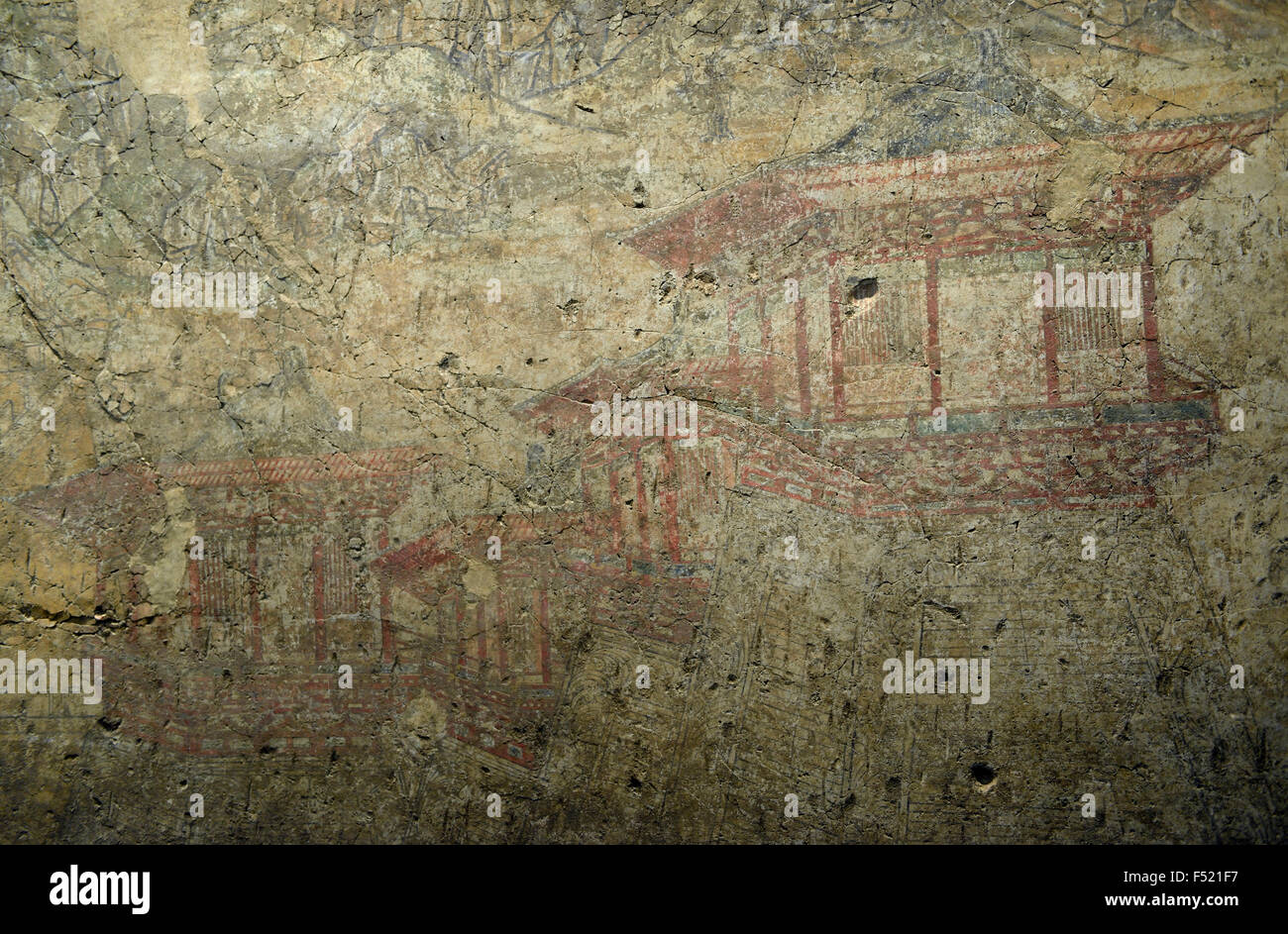 Torre laterale murale riesumati dal principe Yide tomba.La Dinastia Tang tomba murali. Museo dello Shanxi a Xi'an, Cina. Foto Stock