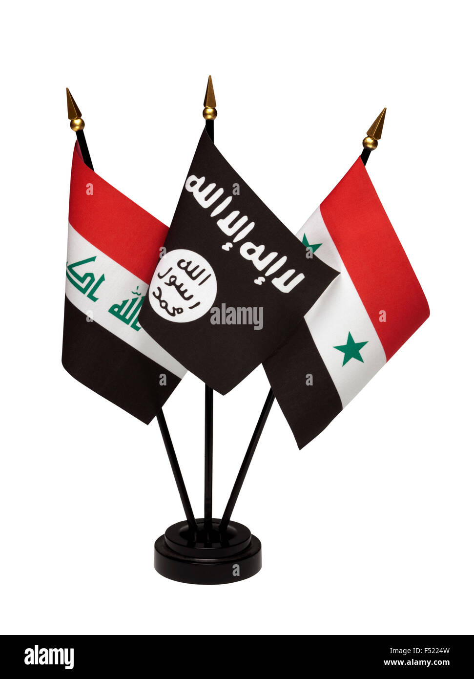 Piccole bandierine di ISIL, Iside, Siria e Iraq in una gabbia isolata su uno sfondo bianco. Vedere più flags nel mio portafoglio. Foto Stock
