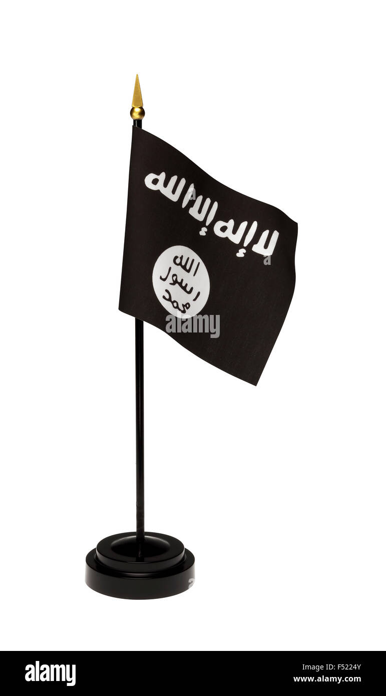 Piccola bandiera di ISIL, ISIS in una gabbia isolata su uno sfondo bianco. Include il percorso di clipping. Vedere tutte le mie bandiere in miniatura! Controllare la guarnizione Foto Stock