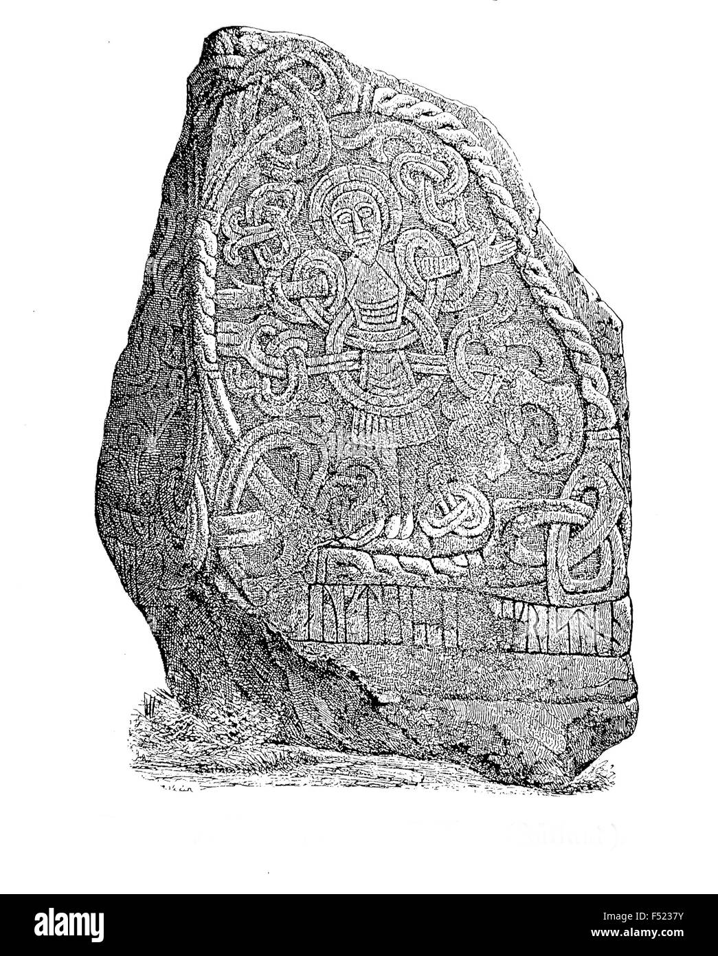 Incisione vintage, Harald's runestone con Cristo la figura, Jelling Danimarca . Foto Stock