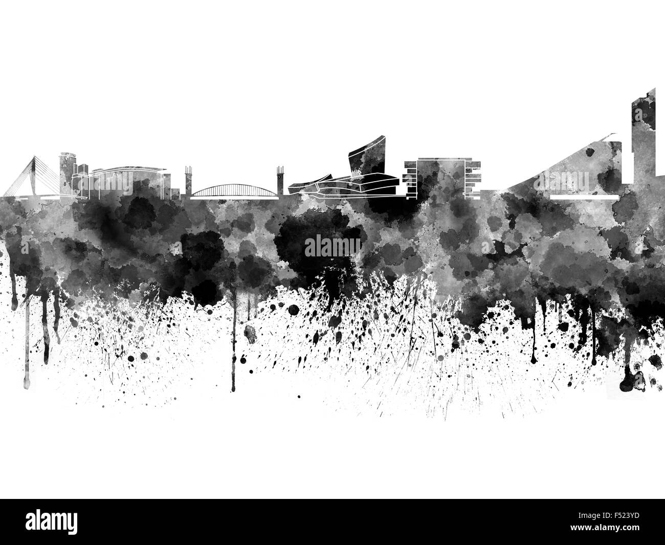 Lo skyline di Manchester in nero acquerello Foto Stock