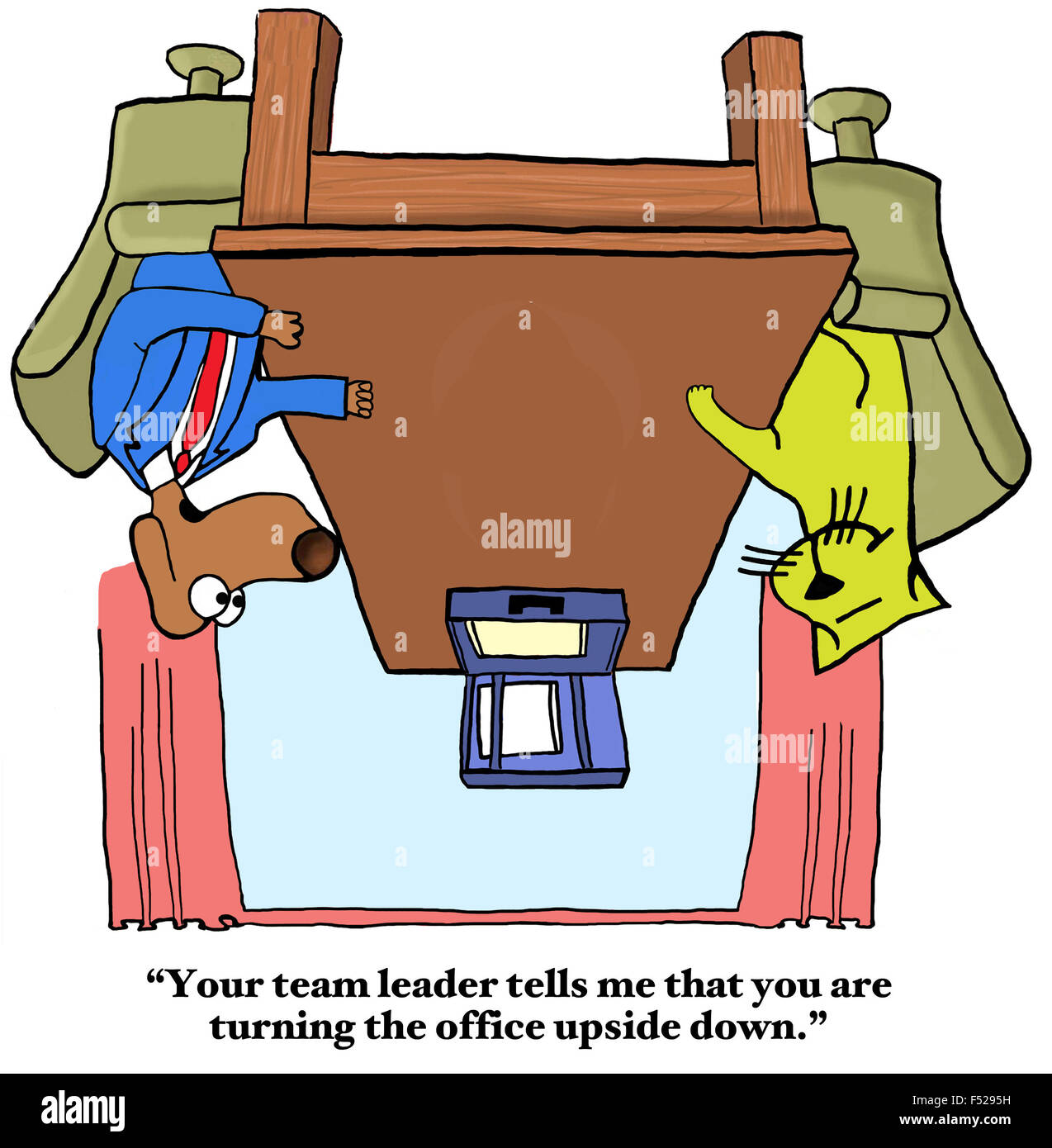 Business cartoon di cane dicendo al gatto, 'Il tuo team leader mi dice che si sta girando l'ufficio capovolto'. Foto Stock