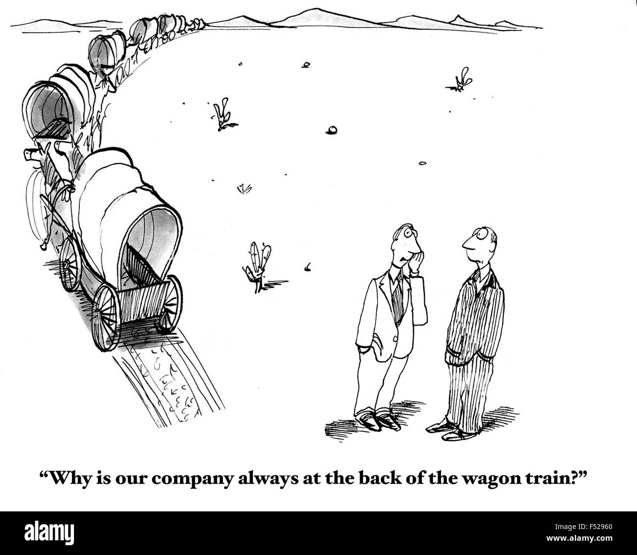 Business cartone animato che mostra un vagone treno nella prateria, 'perché è la nostra azienda sempre in corrispondenza della parte posteriore del vagone treno?'. Foto Stock