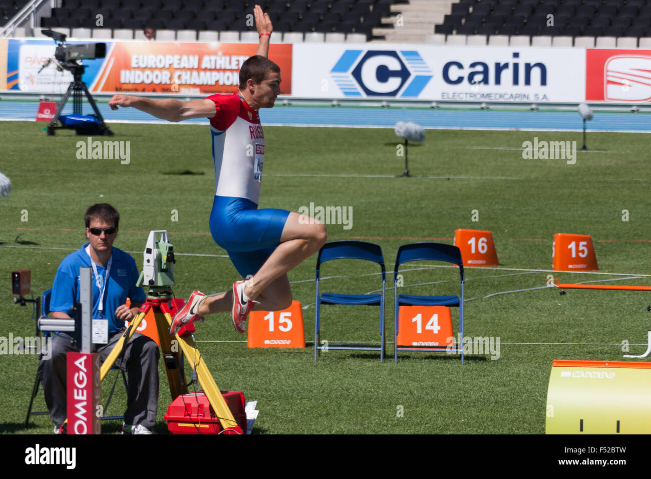Vasiliy Kharlamov della Russia, Decathlon - Salto in lungo, il Campionato Europeo di Atletica Barcellona 2010 Foto Stock