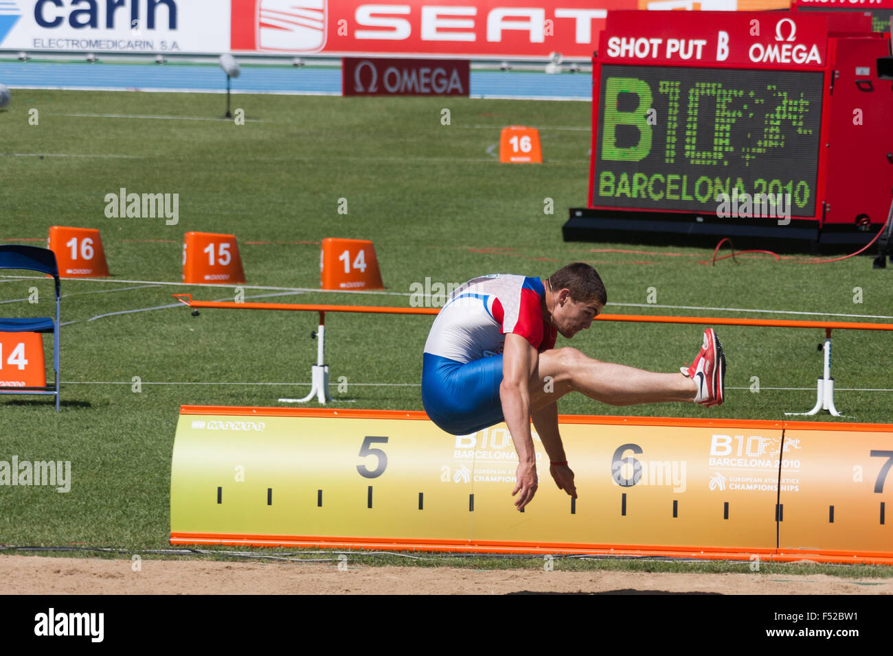 Vasiliy Kharlamov della Russia, Decathlon - Salto in lungo, il Campionato Europeo di Atletica Barcellona 2010 Foto Stock