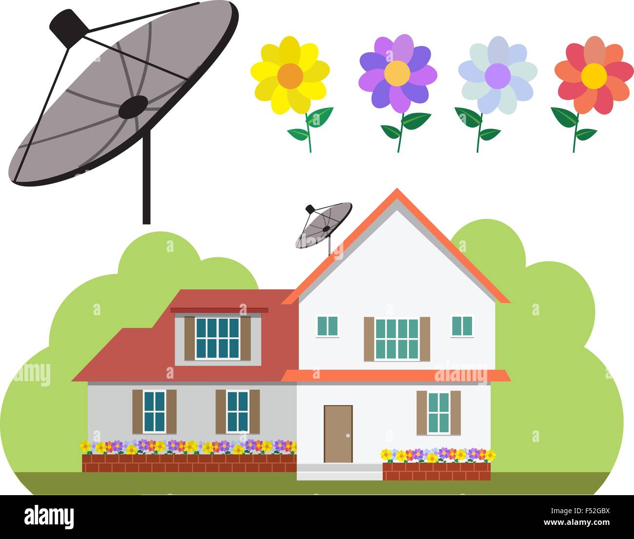 Casa con antenna parabolica e fiore giardino in stile appartamento, vettore Illustrazione Vettoriale