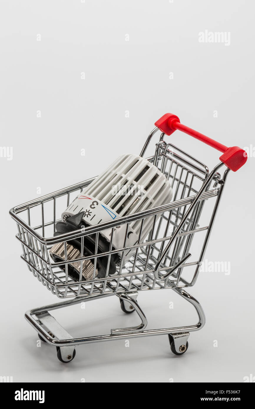 Carrello della spesa, riscaldamento del termostato, immagine simbolica, costi energetici di acquisto, Foto Stock