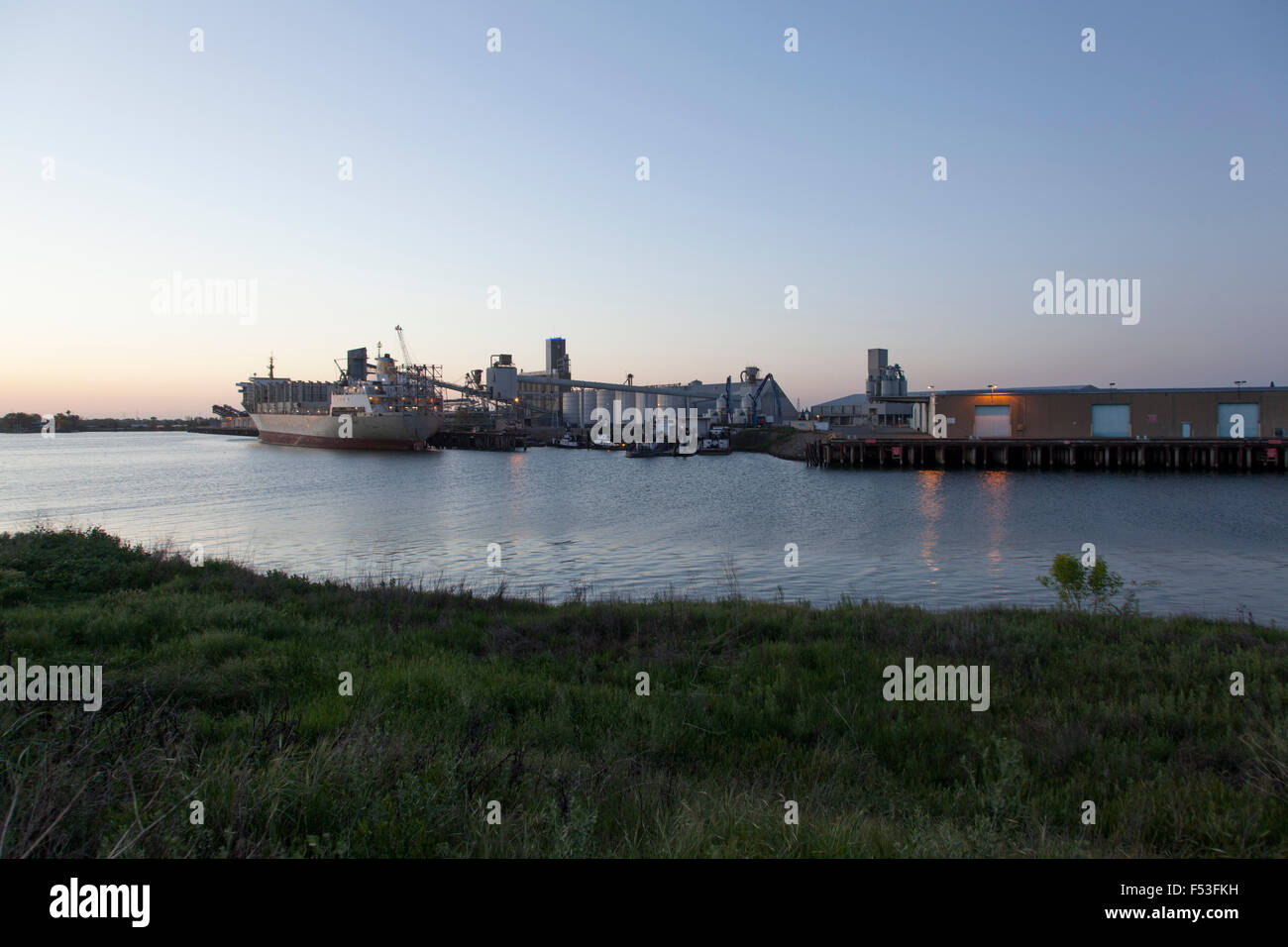 Rinfusa nave ormeggiata nel porto di Sacramento al crepuscolo Foto Stock