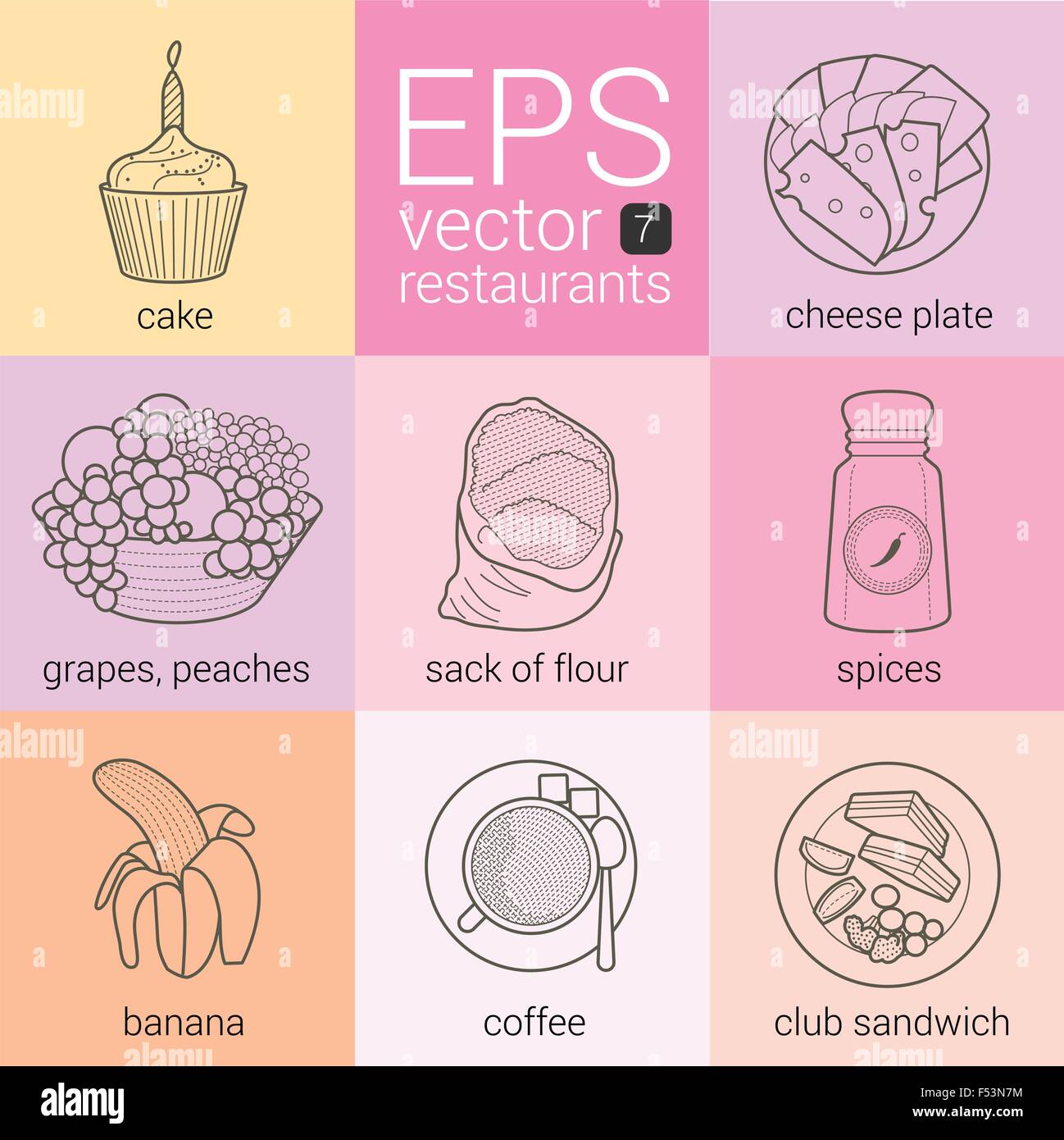 Festive cupcake spruzza candela che brucia, formaggio a fette piastra, cesto di frutta uva pesche, sacchetto farina, jar spezie, aperto banana Illustrazione Vettoriale