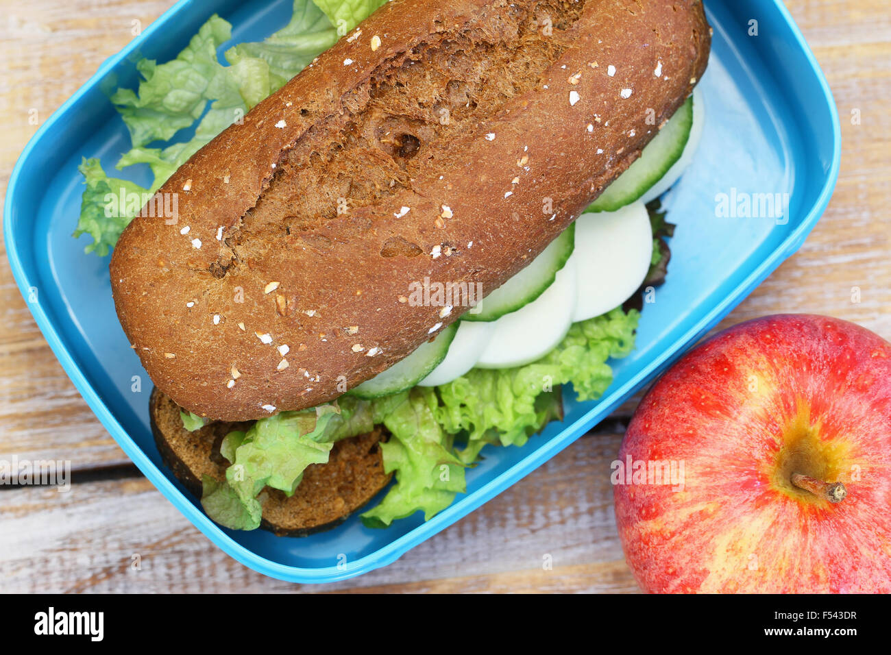 Pranzo sano scatola contenente grano intero rotolo di pane con uovo sodo, la lattuga e il cetriolo e mela rossa Foto Stock