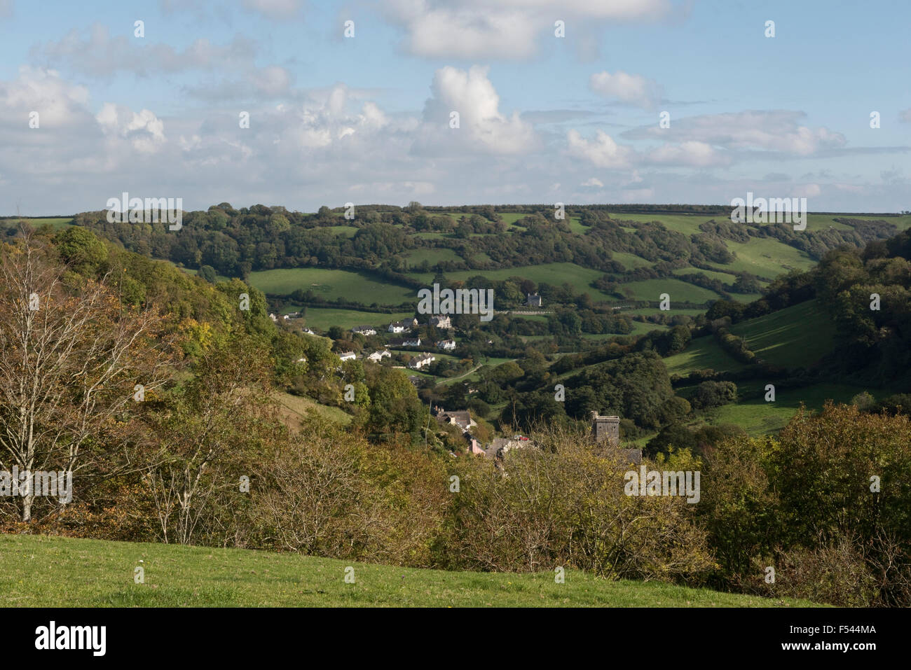 La East Devon villaggio di Branscomble annidato tra le pieghe delle tre valli, piccoli campi e boschi su una luminosa giornata autunnale Foto Stock