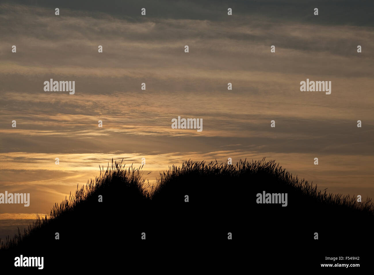 Linee di cirrus nuvole sono illuminate dal sole al tramonto la creazione di un pattern a strisce nel cielo dietro la silhouette di una duna di sabbia. Foto Stock