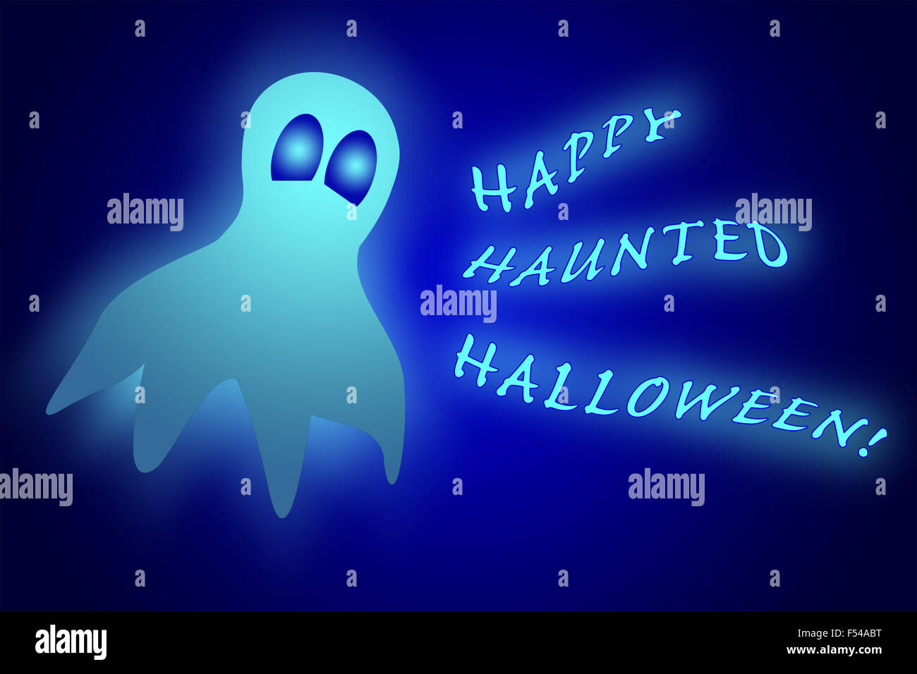 Ghost incandescente con testo Happy Haunted Halloween su blu scuro gradiente dello sfondo Foto Stock