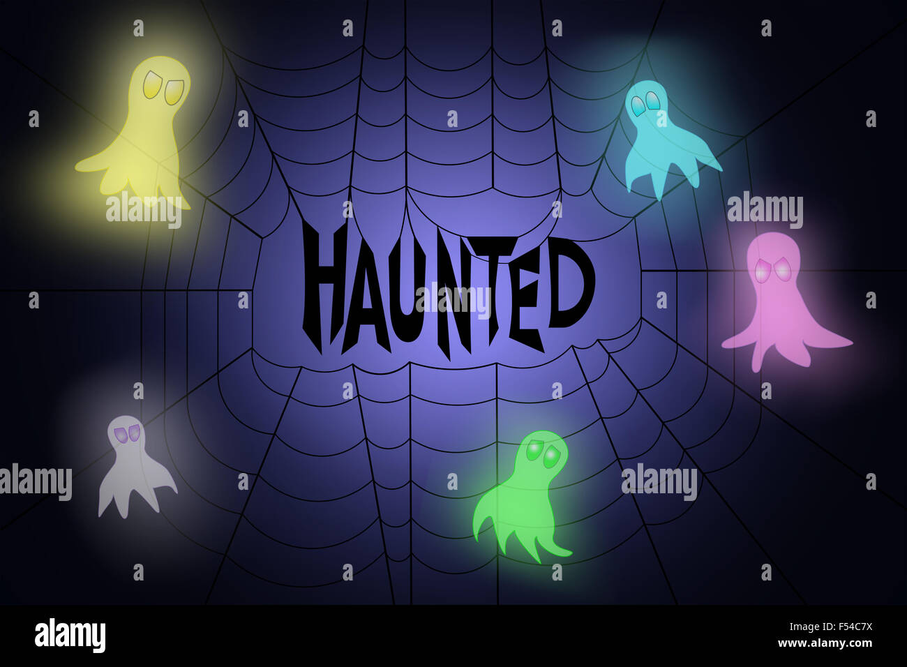 Spider Web con Word haunted appeso nel mezzo, con neon colorato fantasmi battenti intorno ad esso Foto Stock