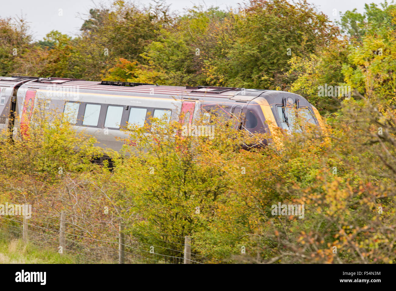 Un Inter City train passa attraverso la campagna schermato da siepi e alberi, England, Regno Unito Foto Stock