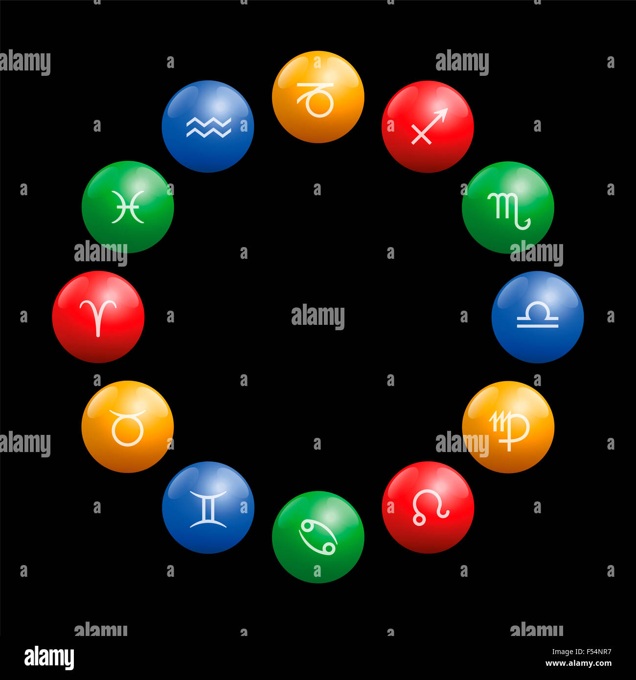 Una radice di astrologia con dodici simboli su carta lucida colorata palle nel loro elemento appropriato colore. Foto Stock
